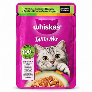 پوچ گربه بالغ ویسکاس مدل Tasty Mix طعم مرغ، بره و هویج وزن 85 گرم
