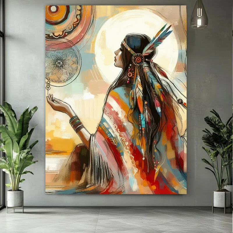 پوستر پارچه ای طرح مخمل قومی مدل بانوی سرخ پوست کد PY330