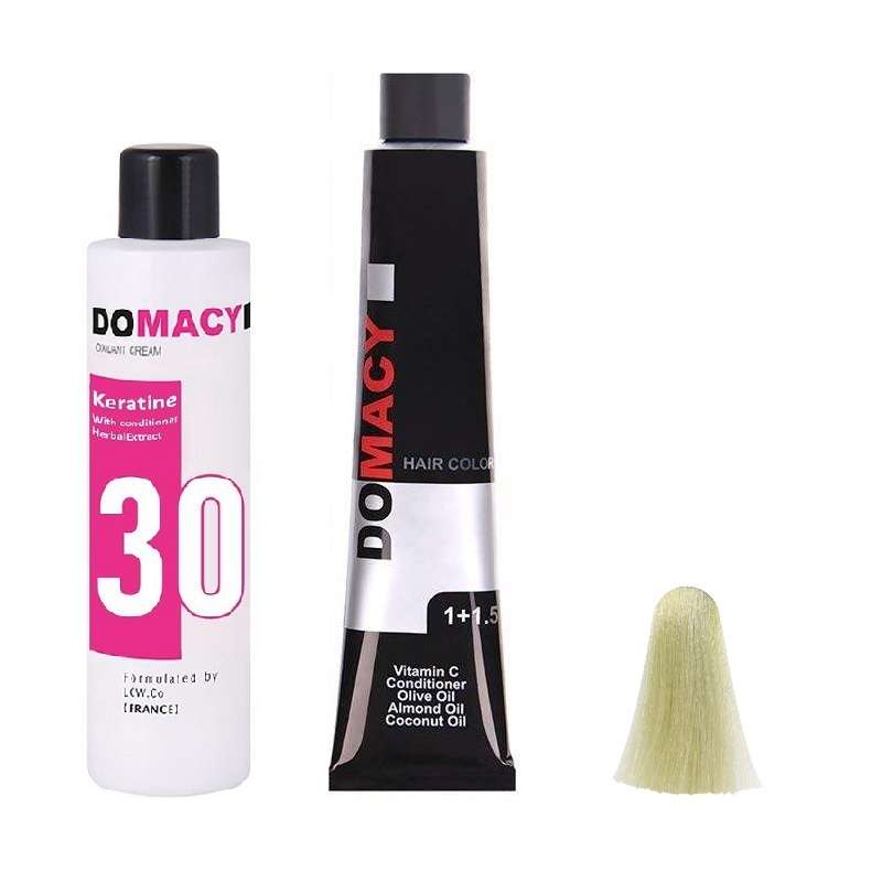 رنگ مو دوماسی شماره 10.8 حجم 120 میلی لیتر رنگ بلوند زیتونی پلاتینه به همراه اکسیدان کد 02 نه درصدی حجم 180 میلی لیتر 