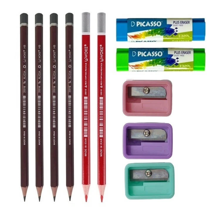 مداد مشکی وک با درجه سختی HB مدل خاطره به همراه مداد قرمز و پاک کن و تراش مجموعه 11 عددی 