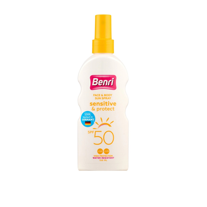 اسپری ضد آفتاب بی رنگ بنری SPF 50 مدل sensitive محافظ UVA و UVB مناسب پوست حساس حجم 150 میلی لیتر