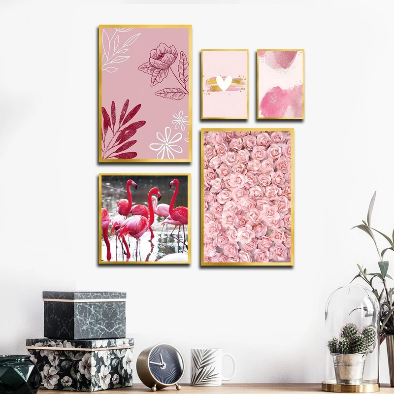 تابلو بکلیت طرح فلامینگو و گل صورتی مدل T-2650 مجموعه 5 عددی