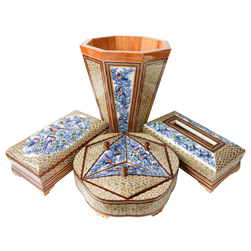 ست 4 تکه سطل و جعبه دستمال کاغذی و جعبه کارد و چنگال و شکلات خوری خاتم کاری مدل نقاشی برجسته کد bl21sim