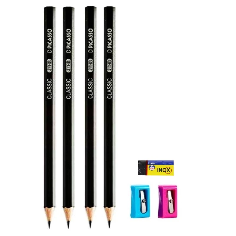 مداد مشکی پیکاسو مدل سپیدان به همراه تراش و پا‌ک کن مجموعه 7 عددی