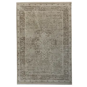 فرش ماشینی 500 شانه فرش مهدیان زمینه کرم و قهوه‌ای حاشیه کرم مدل 1065