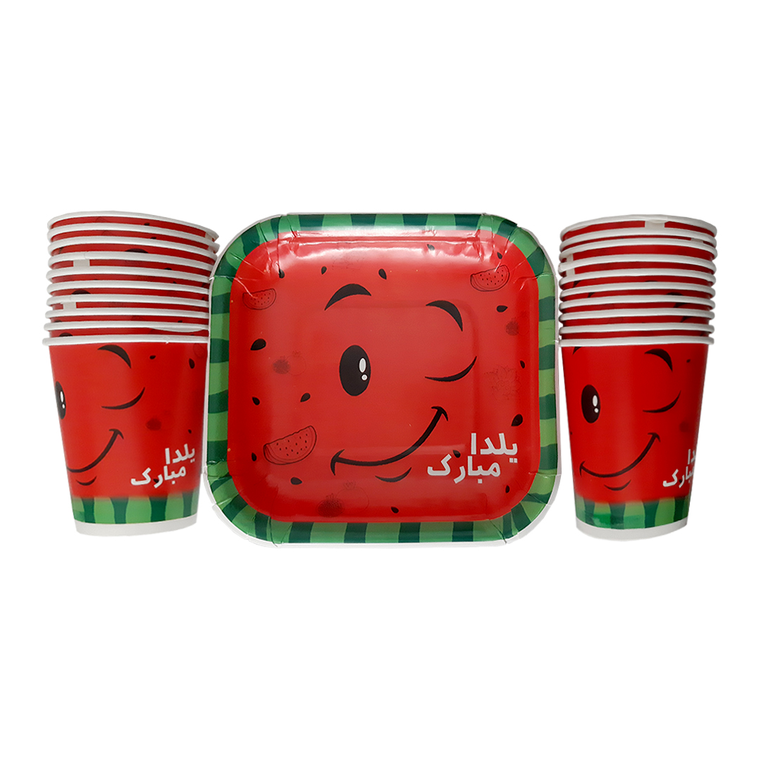 پیش دستی و لیوان یکبار مصرف طرح یلدا کد SOORTAK-40 مجموعه 40 عددی