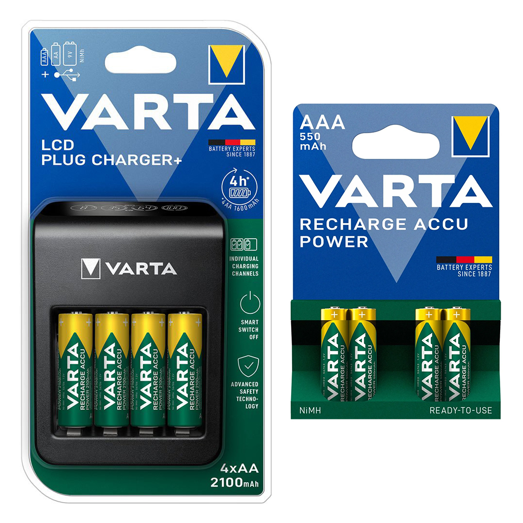 شارژر باتری وارتا مدل LCD PLUG CHARGER به همراه چهار عدد باتری نیم قلمی