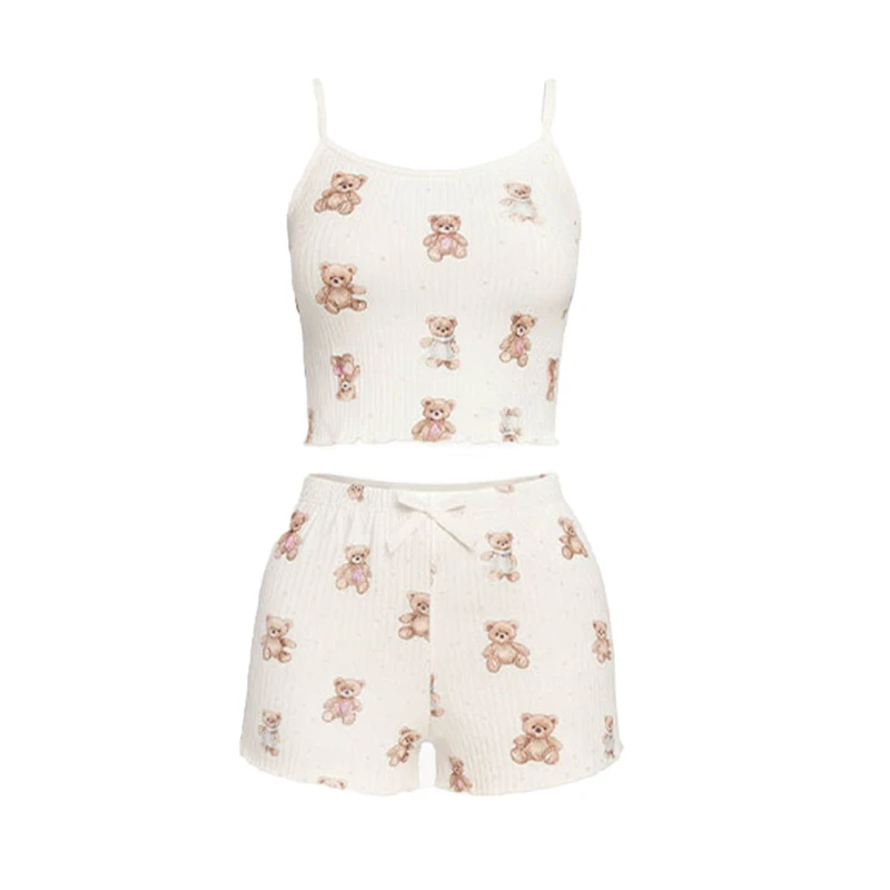 ست تاپ و شلوارک راحتی زنانه مدل کبریتی ریژان طرح خرس کد 403129