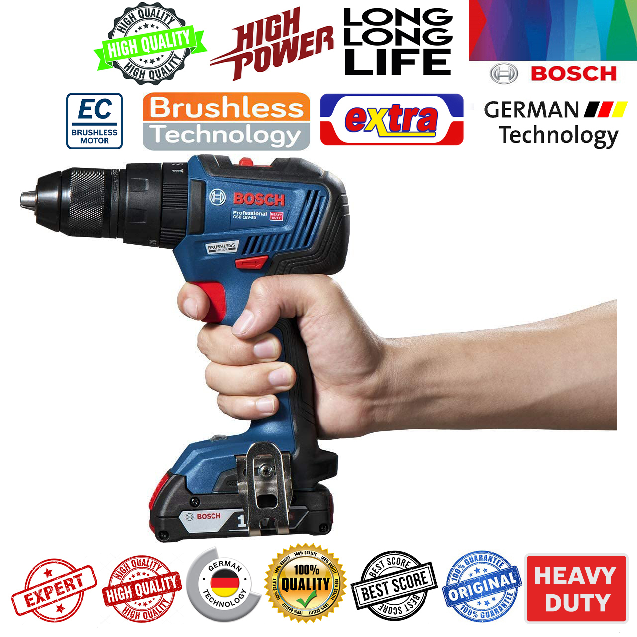 پیچ گوشتی شارژی چکشی بوش مدل حرفه ای بدون ذغال GSB 18v-50 + Extra