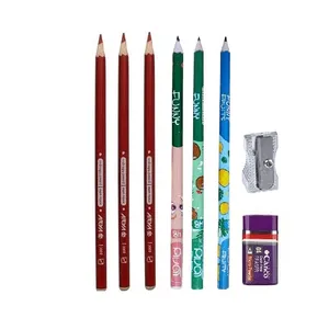 مداد قرمز آریا با درجه سختی HB کد 121 به همراه مداد مشکی و تراش و پاک کن مجموعه 8 عددی