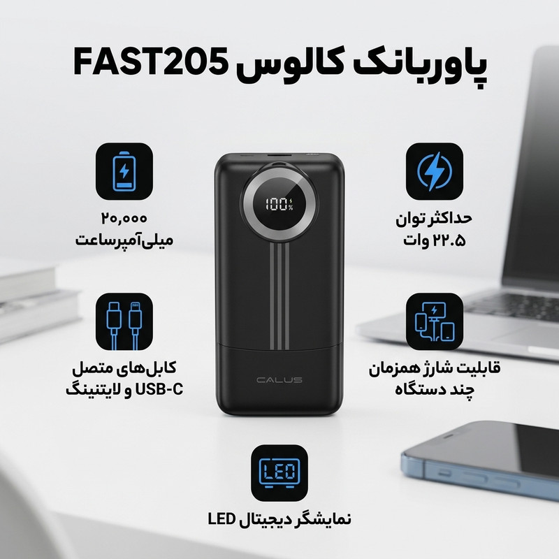 پاوربانک 22.5 وات کالوس مدل FAST205 ظرفیت 20000 میلی‌آمپرساعت به همراه کابل USB-C