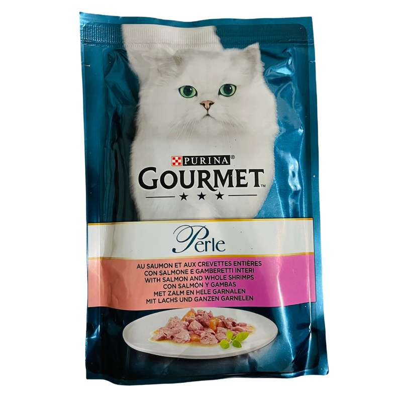 غذای پوچ گربه گورمت مدل perle WITH SALMON AND WHOLE SHRIMPS وزن 100 گرم