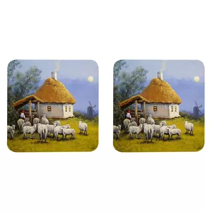 زیر لیوانی طرح نقاشی منظره مزرعه آسیاب بادی و کلبه و گله گوسفند مدل Z1019 بسته دو عددی