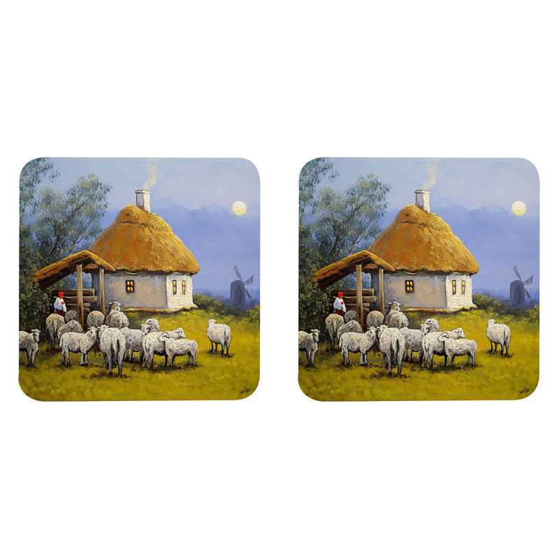 زیر لیوانی طرح نقاشی منظره مزرعه آسیاب بادی و کلبه و گله گوسفند مدل Z1019 بسته دو عددی