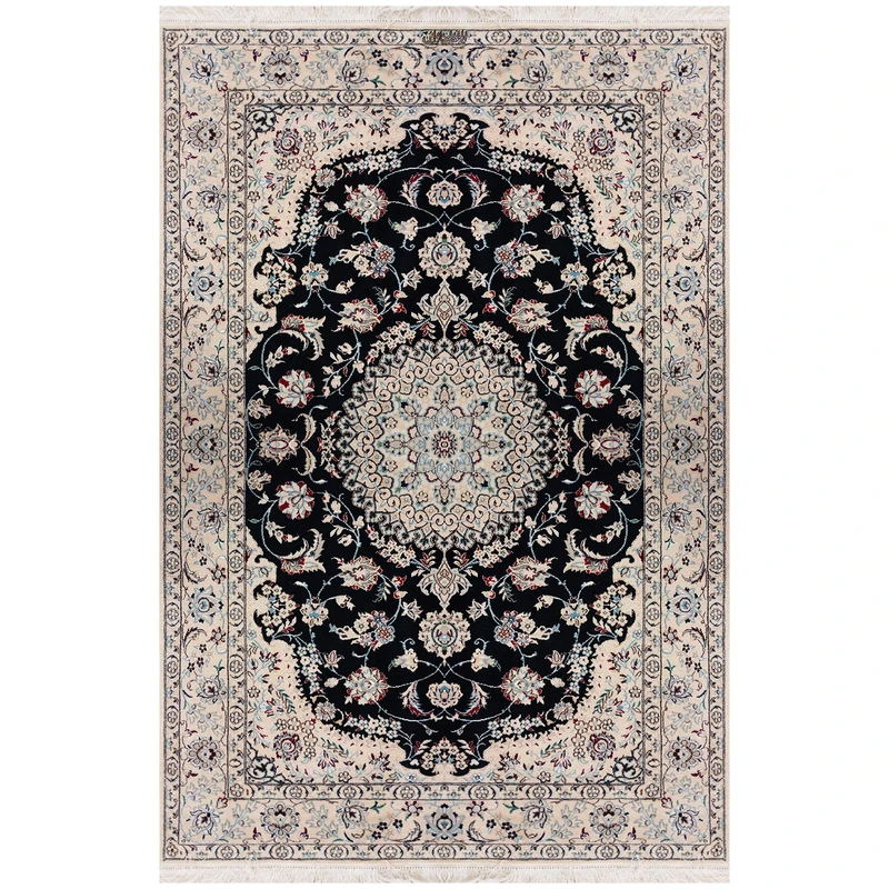 فرش دستبافت ۲.۵ متری مدل لچک و ترنج نایین ۶لا کد 1094 زمینه سرمه ای