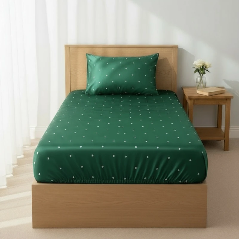 سرویس خواب 1 نفر 2 تکه مدل ساتن ابریشم دور کشدار به همراه روبالشی قلبی