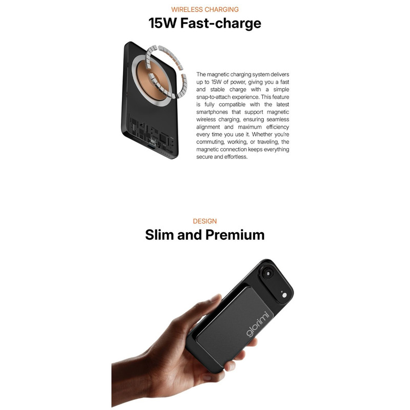 پاوربانک بی‌سیم 20 وات گلوریمی مدل FitCore Mag AIR ظرفیت 5000 میلی‌آمپرساعت به همراه کابل USB-C