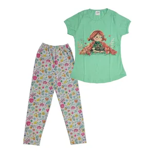 ست تی شرت و شلوار دخترانه طرح دختر خانوم مدل 20420 رنگ سبز