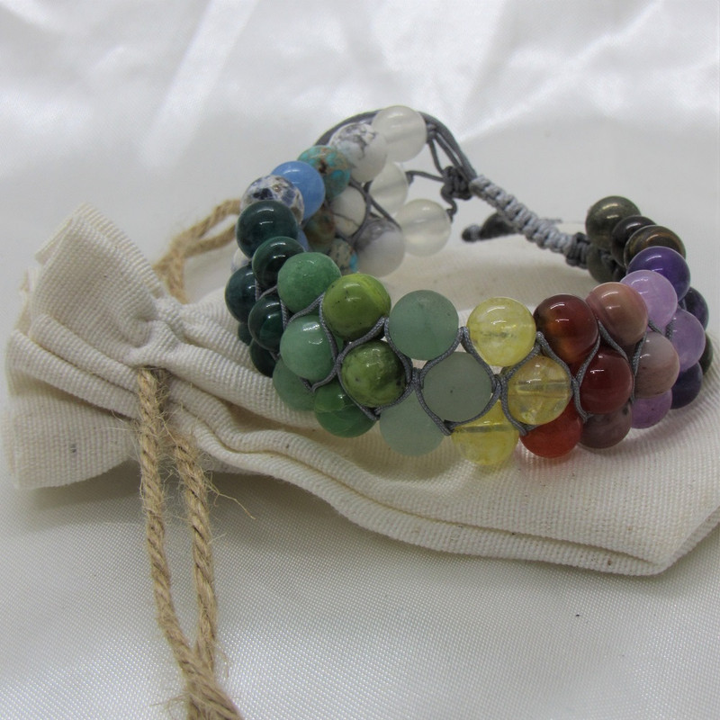 دستبند مدل رنگین کمانی هفت چاکرا سه ردیفه