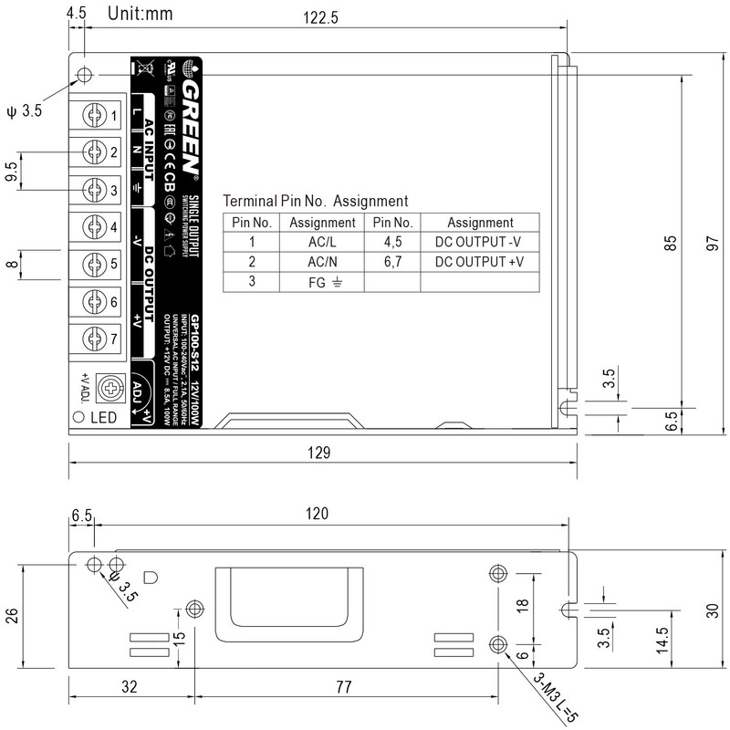 منبع تغذیه سوئیچینگ 12 ولت 8 آمپر گرین مدل GP100-S12