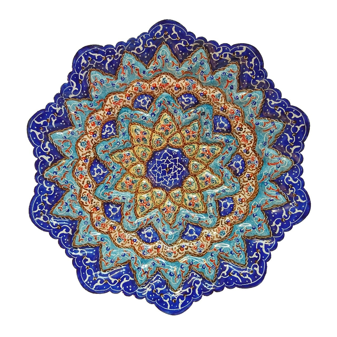 بشقاب مسی میناکاری شده آهوصا طرح اسلیمی کد 01 قطر 20 سانتی متر