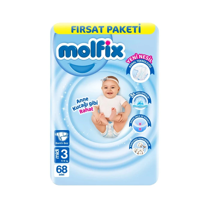 پوشک چسبی بچه مولفیکس مدل yeni nesil سایز 3 بسته 68 عددی