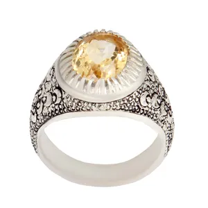 انگشتر نقره مردانه بازرگانی میلادی مدل سنگ سیترین تراش جواهری رکاب قلمزنی دستساز کد AM_2378