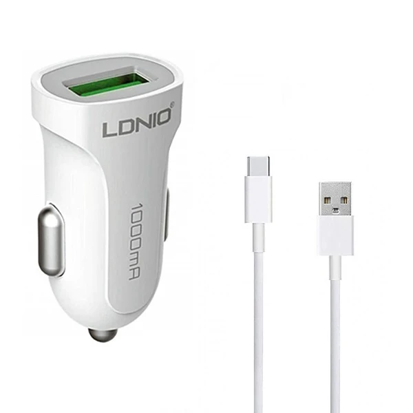 شارژر فندکی 12 وات الدینیو مدل LD-C17 به همراه کابل تبدیل USB به USB-C