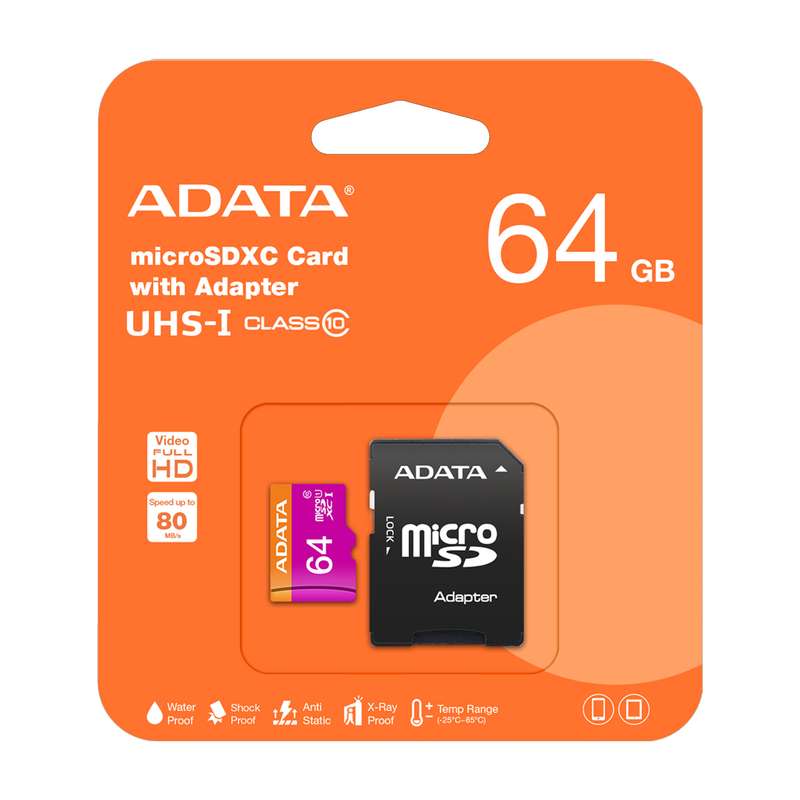 کارت حافظه microSDXC ای دیتا مدل Premier کلاس 10 استاندارد UHS-I U1 سرعت 80MBps ظرفیت 64 گیگابایت به همراه آداپتور SD کارت حافظه microSDXC ای دیتا مدل Premier کلاس 10 استاندارد UHS-I U1 سرعت 80MBps ظرفیت 64 گیگابایت به همراه آداپتور SD