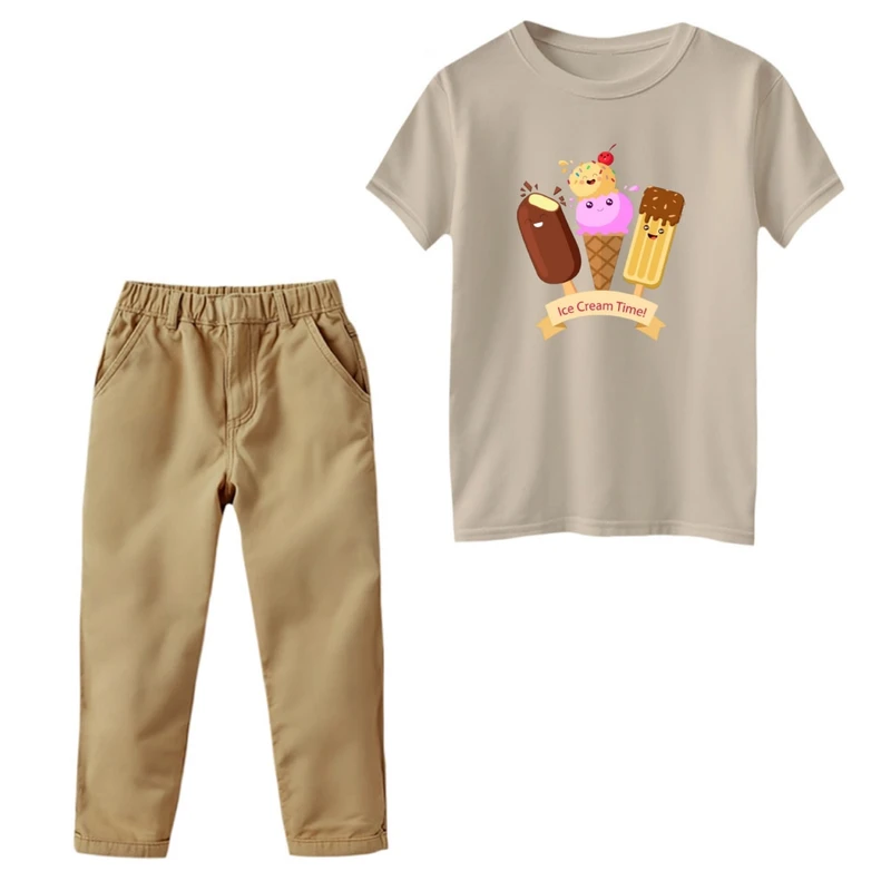 ست تی‌شرت و شلوار دخترانه مدل بستنی تایم رنگ کرم