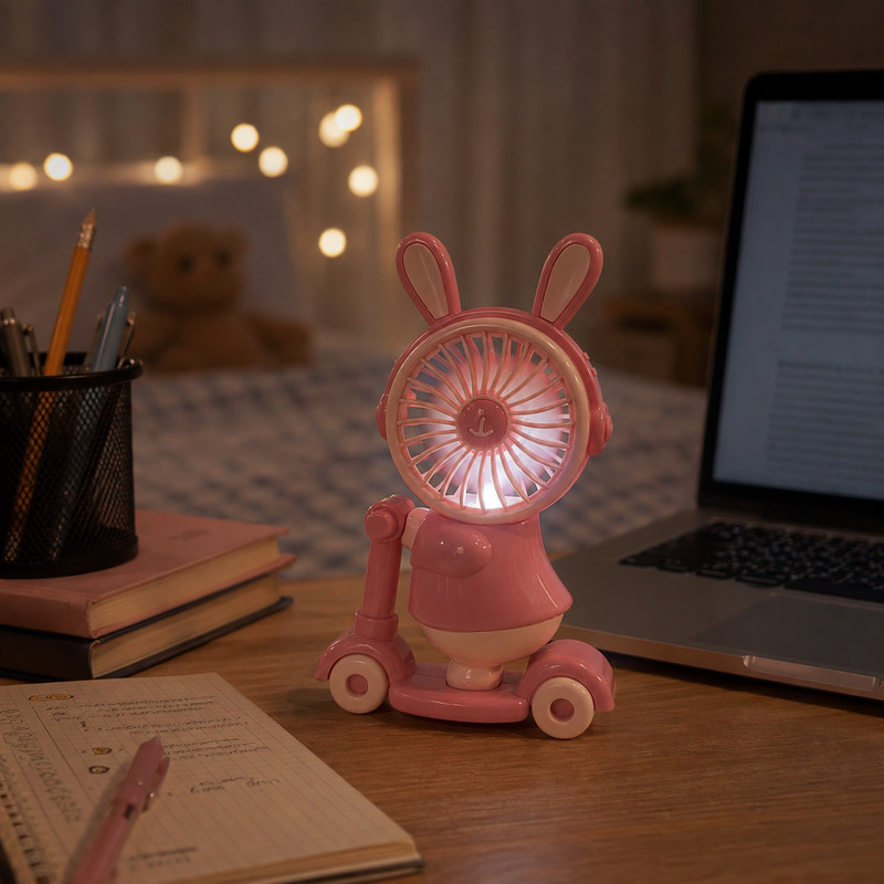 پنکه‌ رومیزی شارژی مدل خرگوش اسکوتری با مداد تراش چراغ دار کد Bunny Ride USB