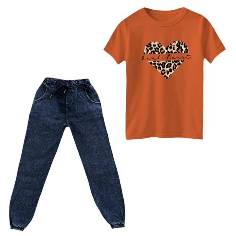 ست تی‌شرت و شلوار دخترانه مدل قلب پلنگی