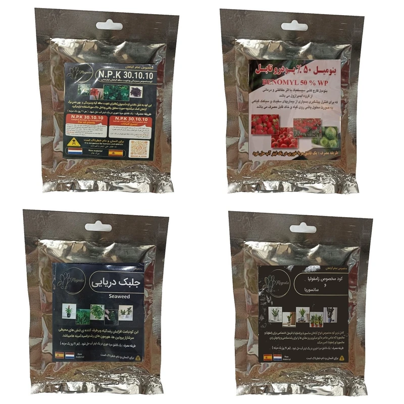 کود سبزینگی و تقویت ساقه 10-10-30 و بنومیل و کود زاموفیلیا و سانسوریا و جلبک دریایی مدل raw material وزن 200 گرم