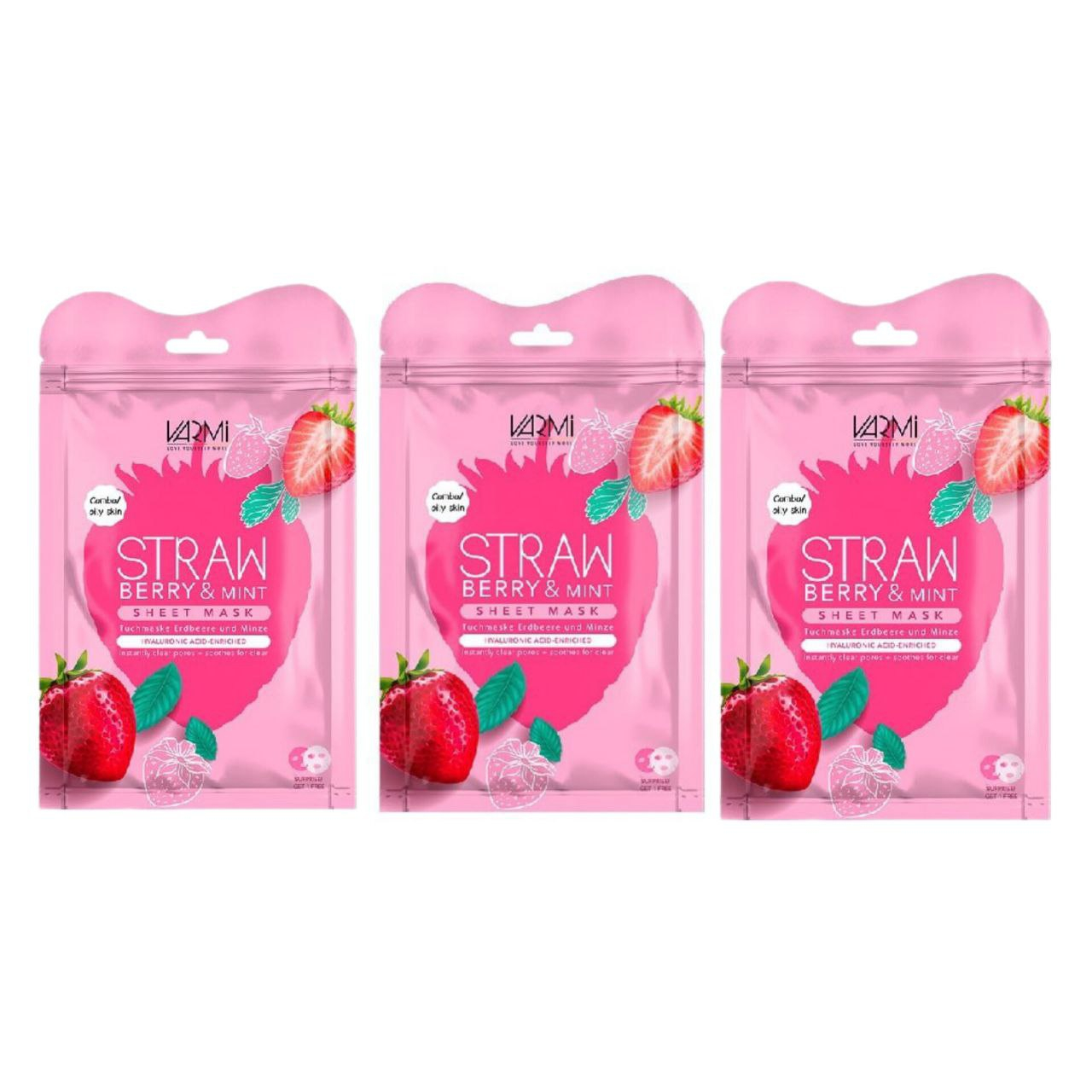 ماسک دبل شیت وارمی مدل توت فرنگی و نعناع مناسب انواع پوست حجم 45 میلی لیتر بسته بندی 3 عددی