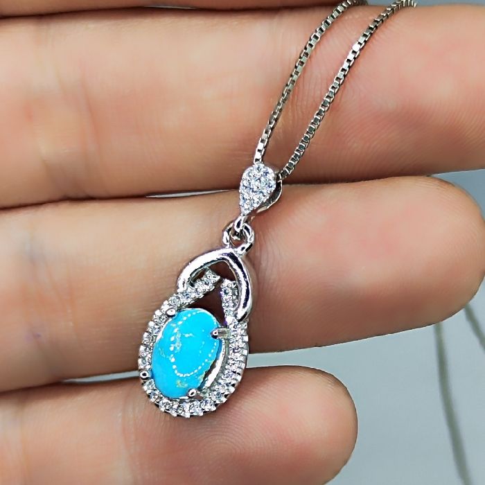 گردنبند نقره زنانه مدل سنگ فیروزه نیشابور آبکاری رادیوم کد 550 -  - 2
