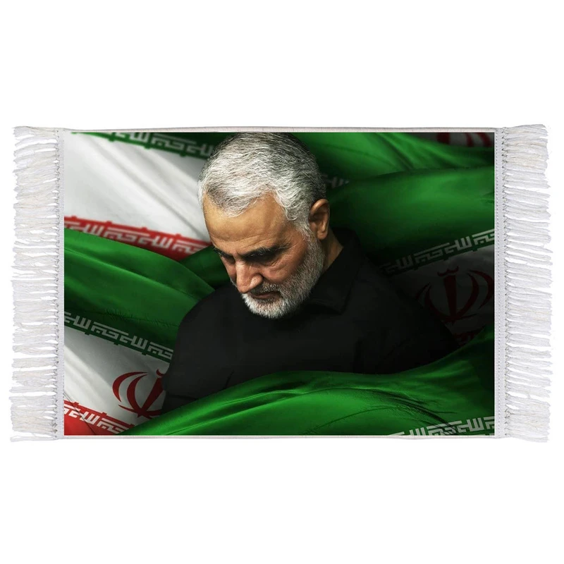 فرش ماشینی دیوارکوب اطلس آبی طرح شهید سپهبد حاج قاسم سلیمانی مدل T1071