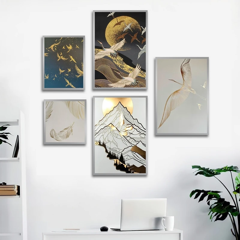 تابلو ساده بکلیت طرح پرنده و کوه و پر طلایی مدل شاین اکلیلی SI-2638 فریم نقره ای مجموعه 5 عددی