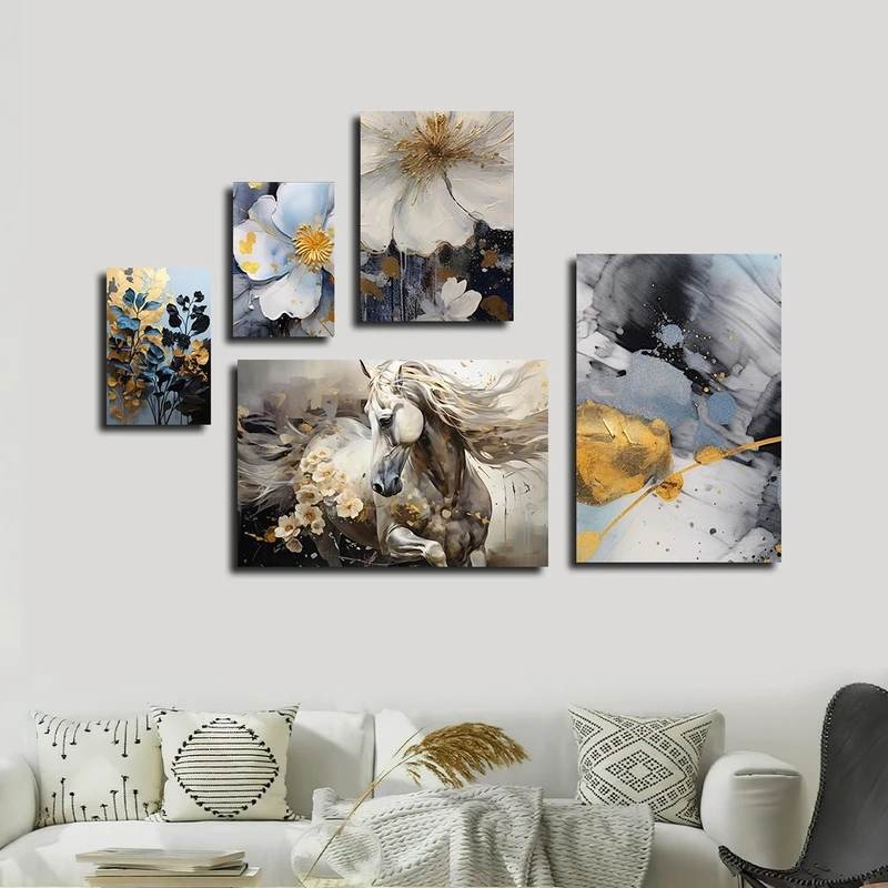 تابلو شاسی بکلیت طرح نقاشی رنگ روغن گل و اسب مدل SH-2421 مجموعه 5 عددی