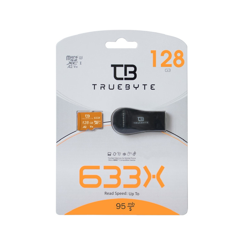 کارت حافظه microSDXC تروبایت مدل A2-V30-633X کلاس 10 استاندارد UHS-I U3 سرعت 95MBps ظرفیت 128گیگابایت به همراه کارت خوان