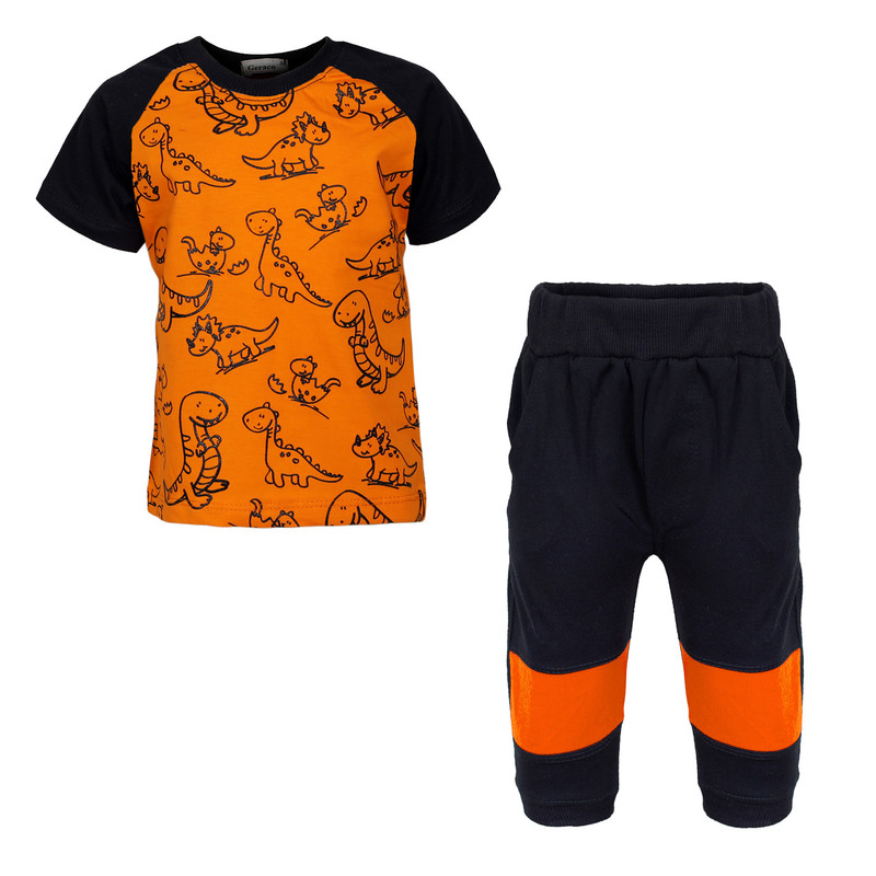 ست تی شرت و شلوارک پسرانه مدل آستین رگلان دایناسور رنگ نارنجی