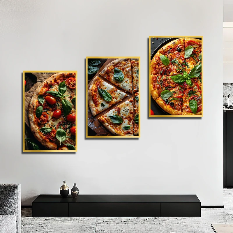 تابلو بکلیت طرح کافه و فست فود و پیتزا مدل T-3798 فریم طلایی مجموعه 3 عددی