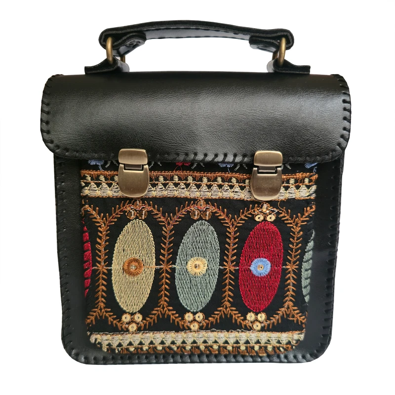 کیف دوشی چرمی غزال مدل دو قفل سوزن دوزی 07