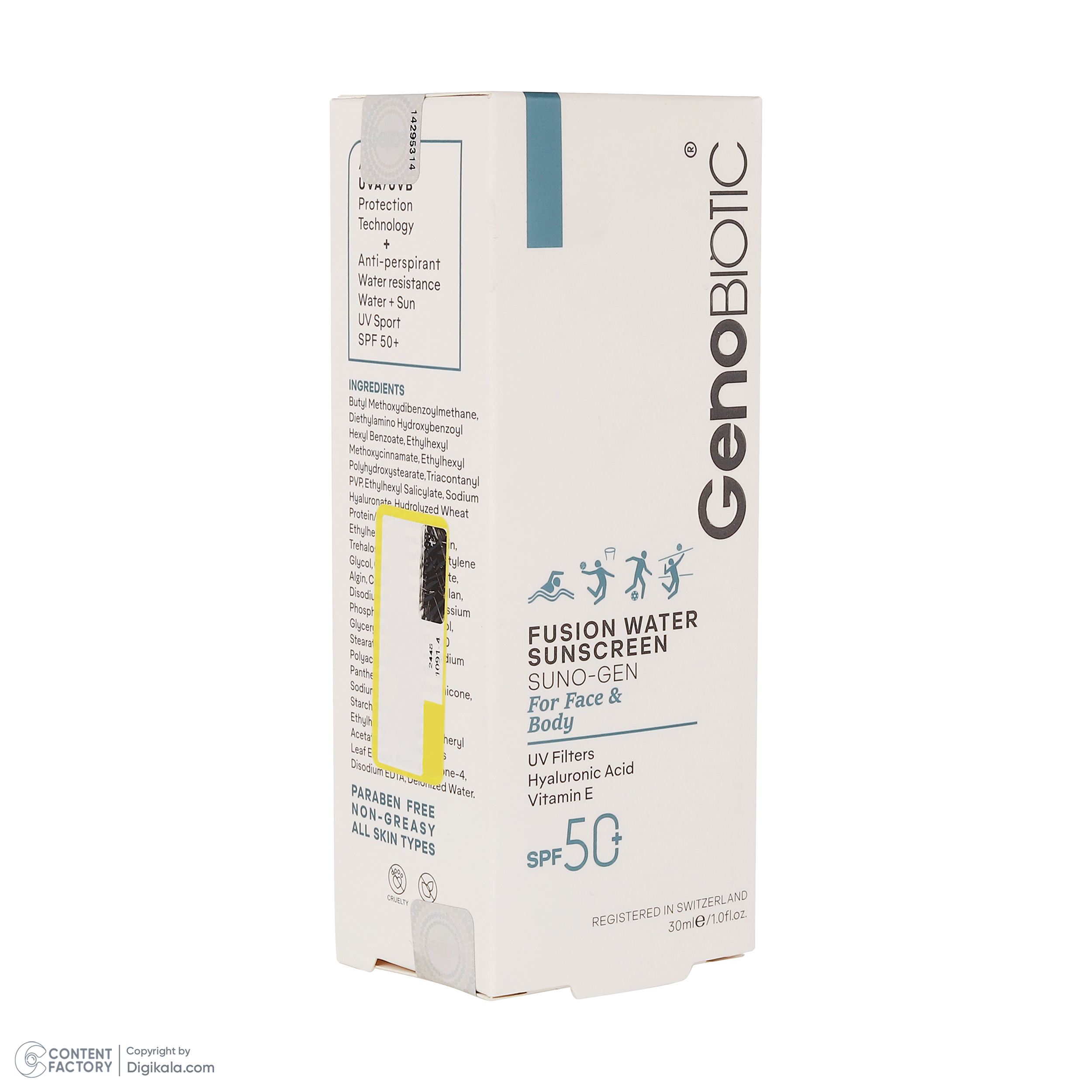 کرم ضدآفتاب بیرنگ ژنوبایوتیک، مدل Fusion water، حاوی محافظ UVA ،UVB، ضدآب، فاقد چربی، بدون پارابن، حاوی ویتامین E و هیالورونیک اسید مناسب انواع پوست، حجم 30 میلیلیتر