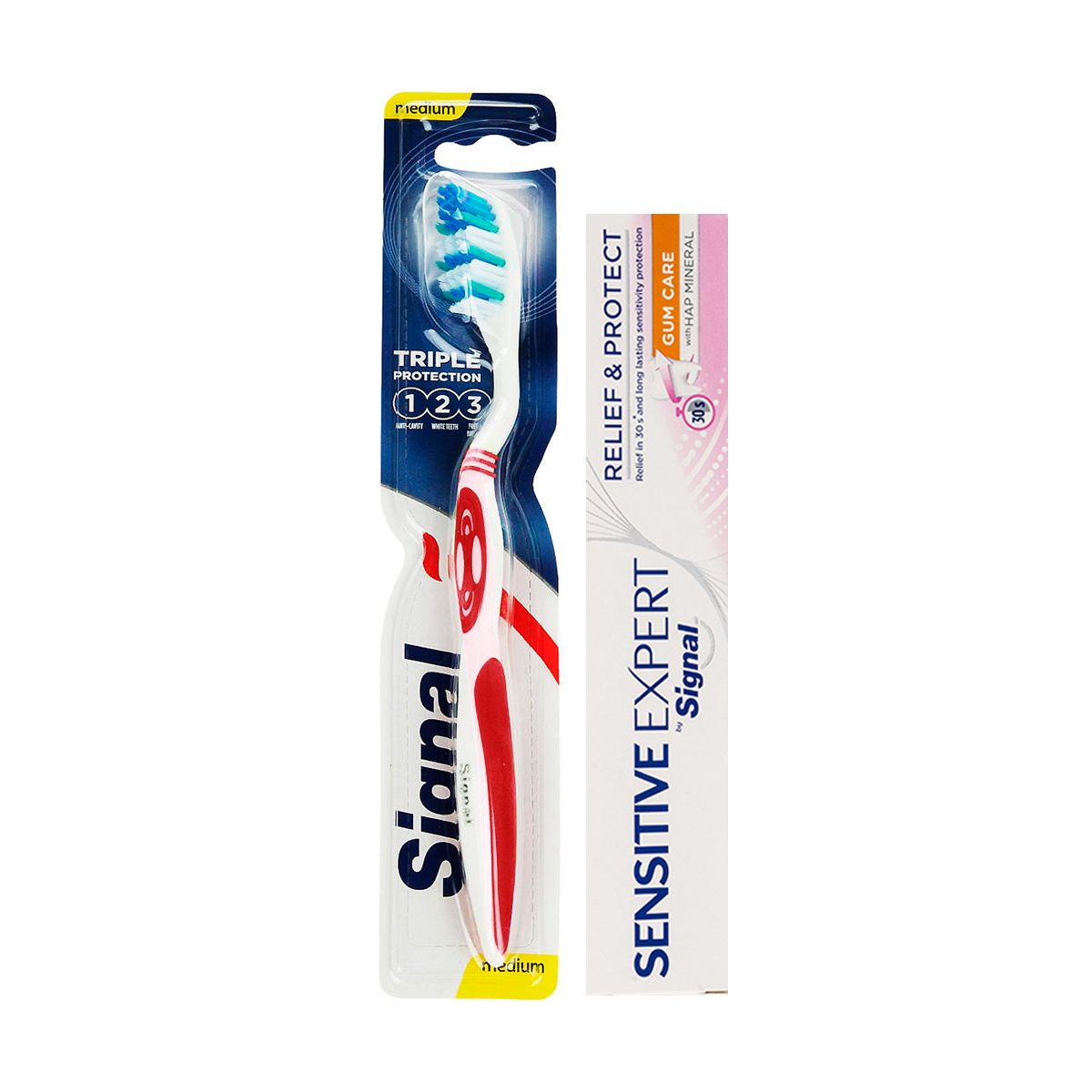 مسواک سیگنال مدل Triple Protection با برس متوسط به همراه خمیر دندان سیگنال مدل Gum Care وزن 100 گرم 