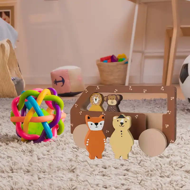 اسباب بازی چوبی طرح اتوبوس حیوانات جنگلی مدل MKids59-E مجموعه 4 عددی