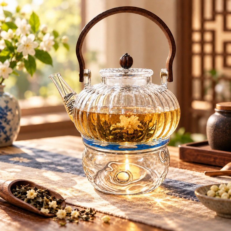 ست قوری و وارمر مدل پیرکس شیاردار دسته دار گنجایش 800 میلی لیتر