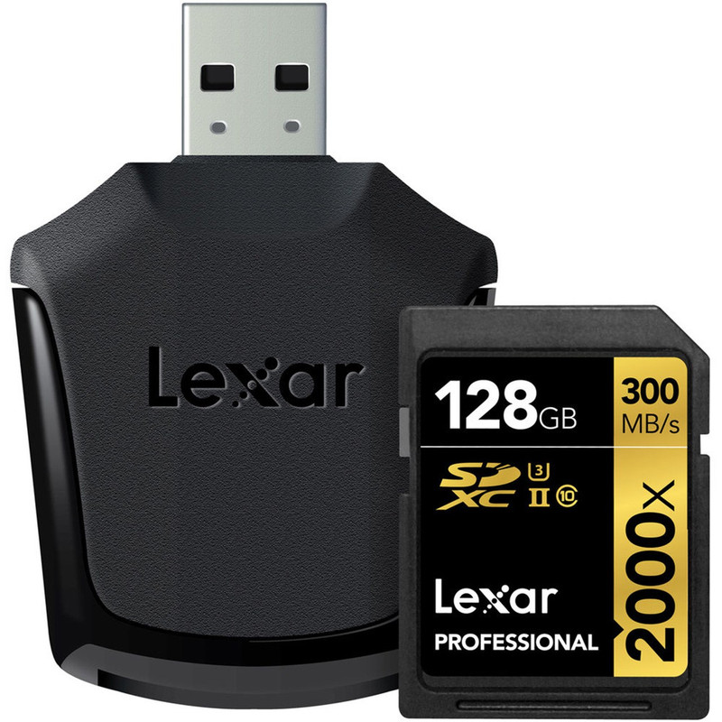 کارت حافظه SDXC لکسار مدل Professional کلاس 10 استاندارد UHS-II U3 سرعت 2000X به همراه ریدر UHS-II ظرفیت 128 گیگابایت