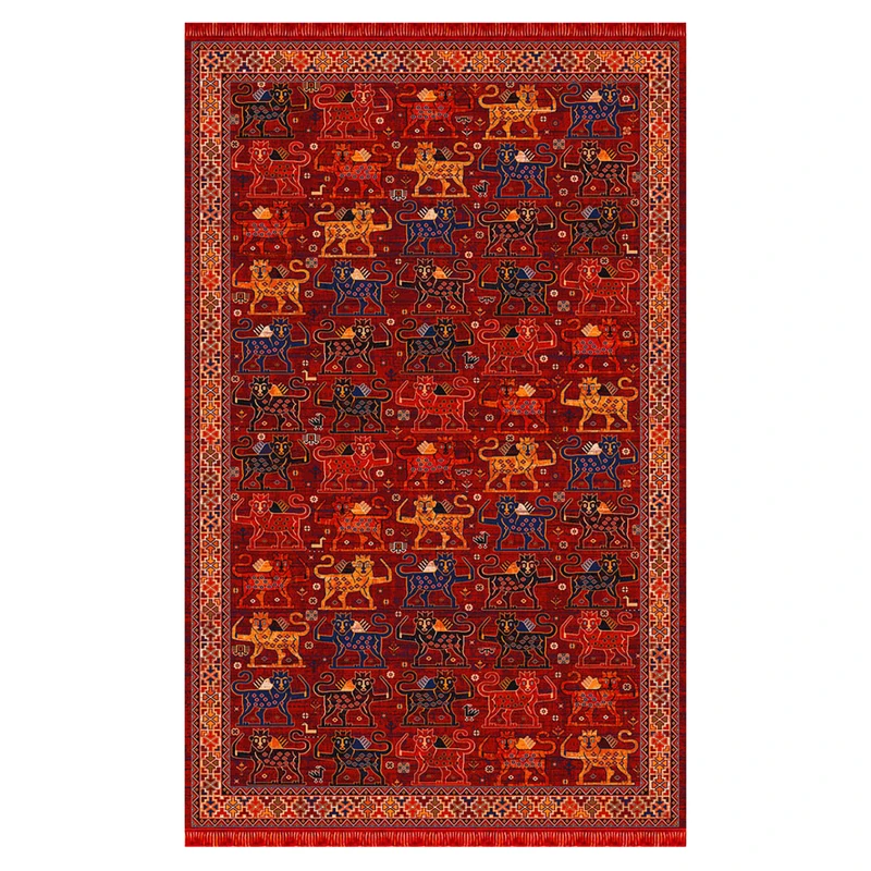 فرش ماشینی کرامتیان طرح بلوچی نقشه شیر شاه زمینه لاکی