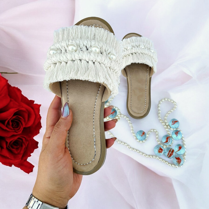 صندل زنانه مدل مکرومه رنگ کرم