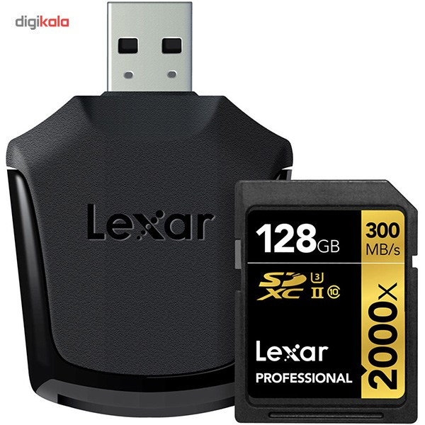 کارت حافظه SDXC لکسار مدل Professional کلاس 10 استاندارد UHS-II U3 سرعت 2000X به همراه ریدر UHS-II ظرفیت 128 گیگابایت
